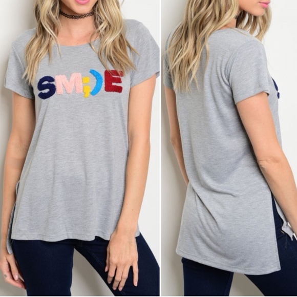 NEW SMILE GREY TEE SLIT SIDE TOP! - Picture 1 of 6